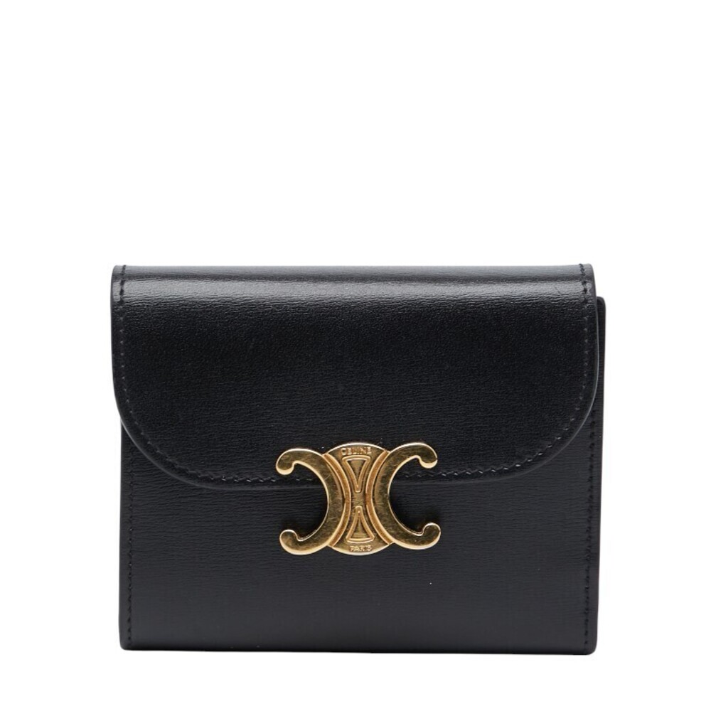 Celine Triomphe Tri fold Wallet Black Leather